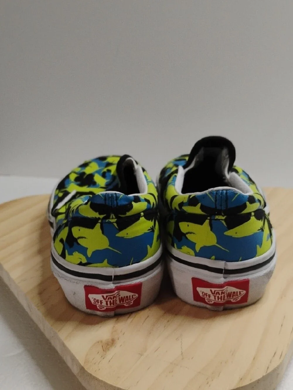 Vans Kids Slip-On Sneakers in Neon Yellow, Blue & Black Shark Motif